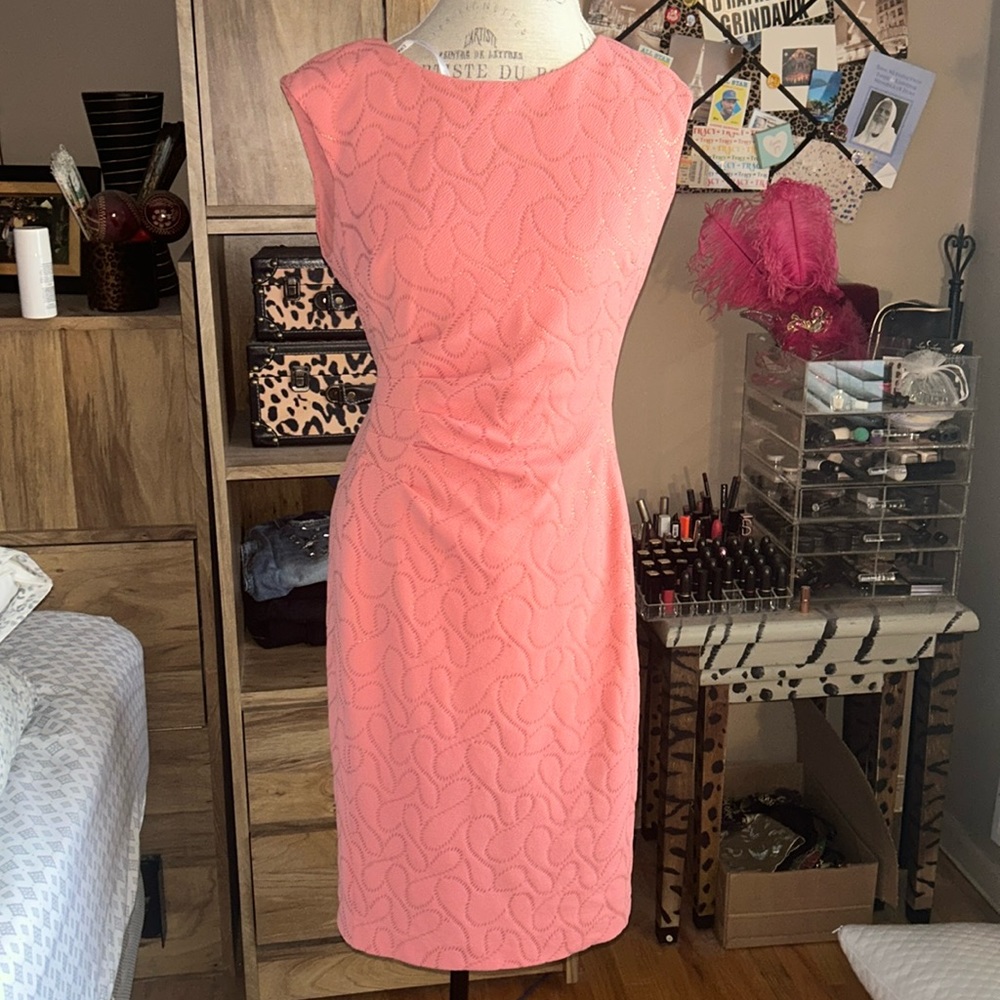 Ellen Tracy Coral Textured Cap-Sleeve Sheath Dress